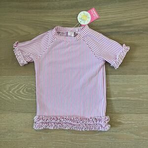 Ruffle Butts Orchid Pink White Striped Seersucker Rash Guard Swimsuit Top NWT